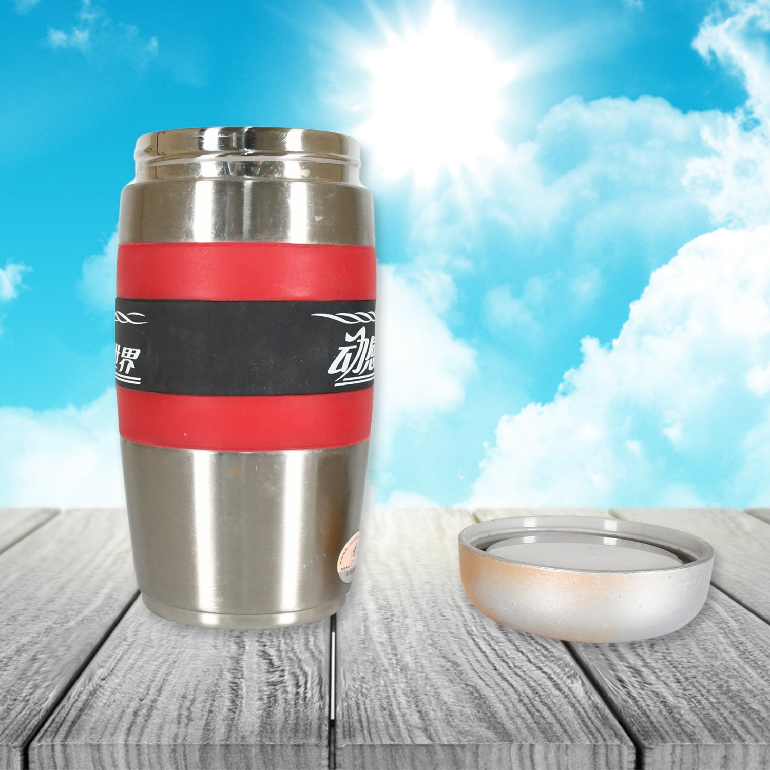Double-walled steel cup, 400ml, with rubber handle Double-walled steel cup, 400ml, with rubber handle